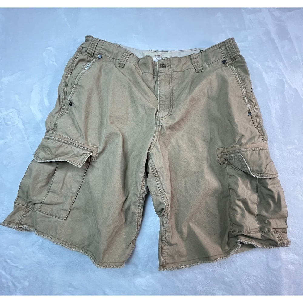 VTG OLD NAVY Mens 34 Shorts Khaki Tan Cargo Pocket Raw‎ Hem 10" inseam